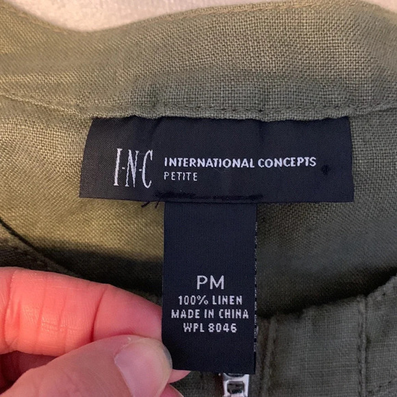 INC olive green 100% linen ruffled zip cardigan topper boho size PM layer jacket - Picture 8 of 10